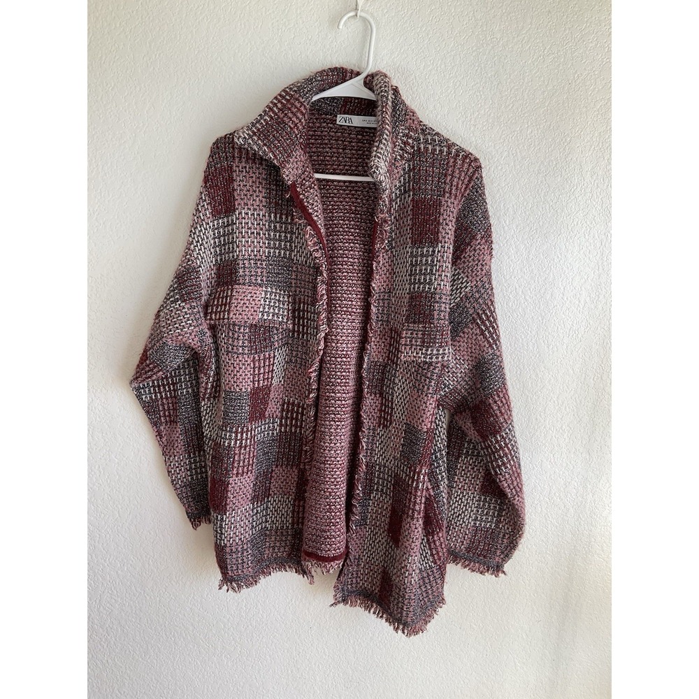 ZARA WOMAN Small Pink Metallic Tweed‎ fringe shirt jacket oversized Open Chic